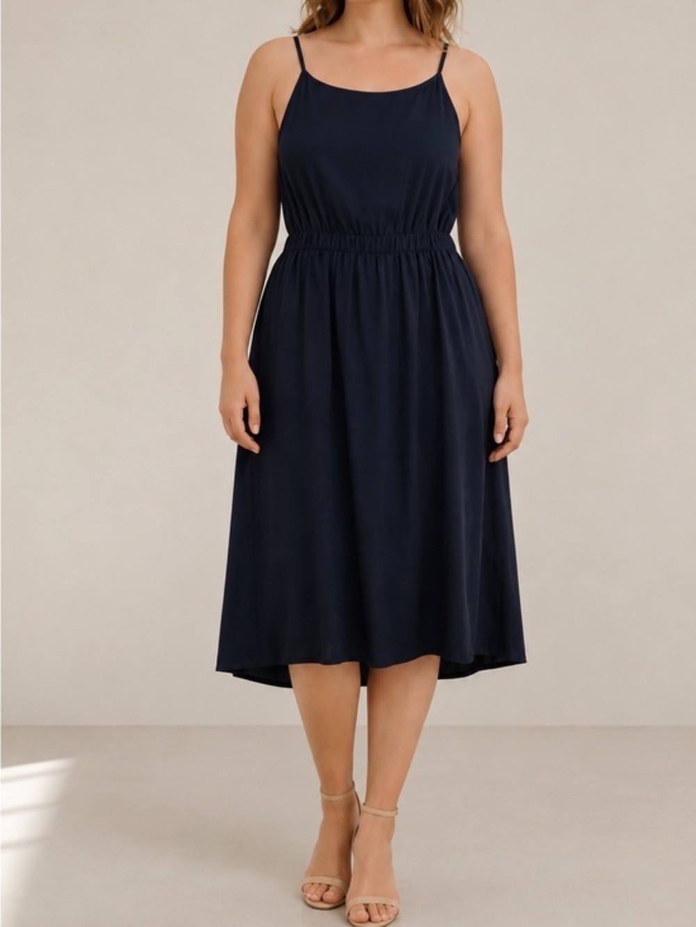 Sita Murt Navy Minimalist Midi Tank Dress Spaghetti Strap Stretch